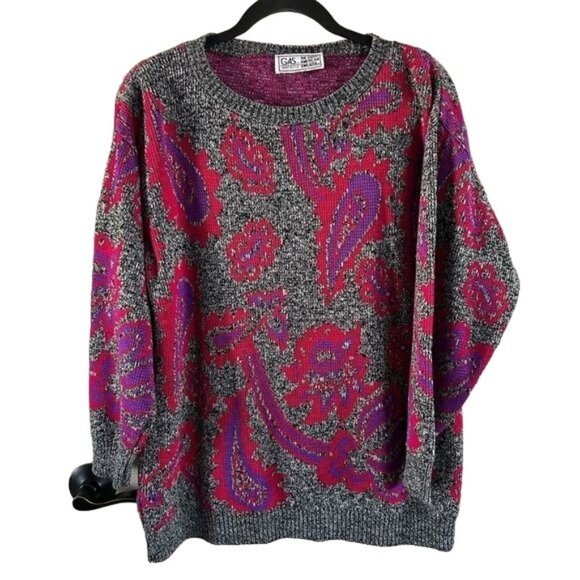 Vintage GAS Co USA Gray Hot Pink Paisley Sweater, Approximate size Large - Picture 1 of 15